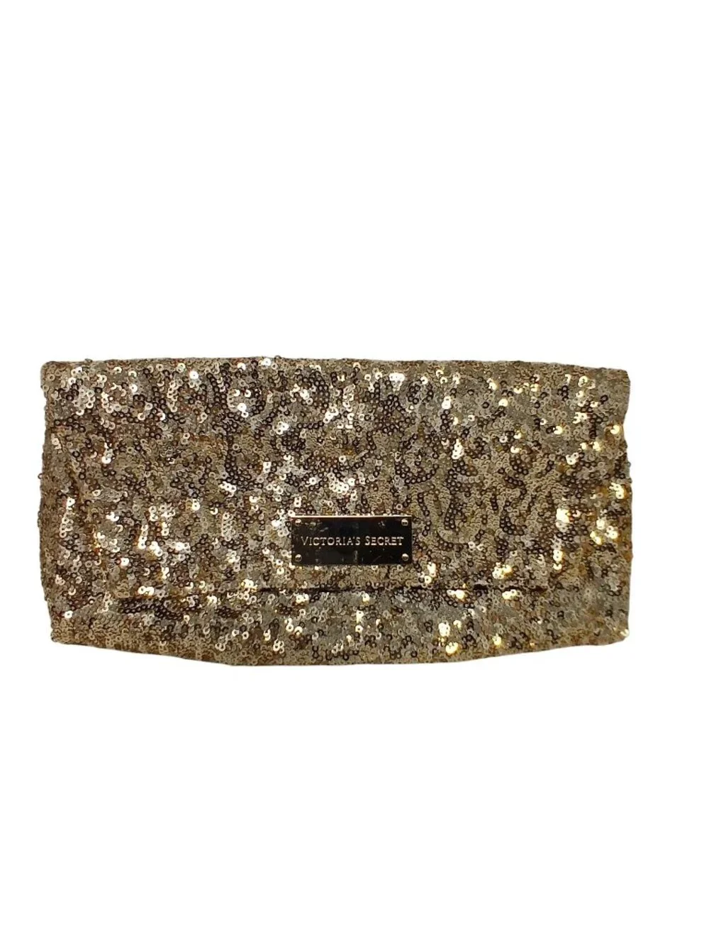 Victorias Secret Gold Sequin Clutch Fold-Over Closure & Zippered Pocket #D-25 - Picture 1 of 11